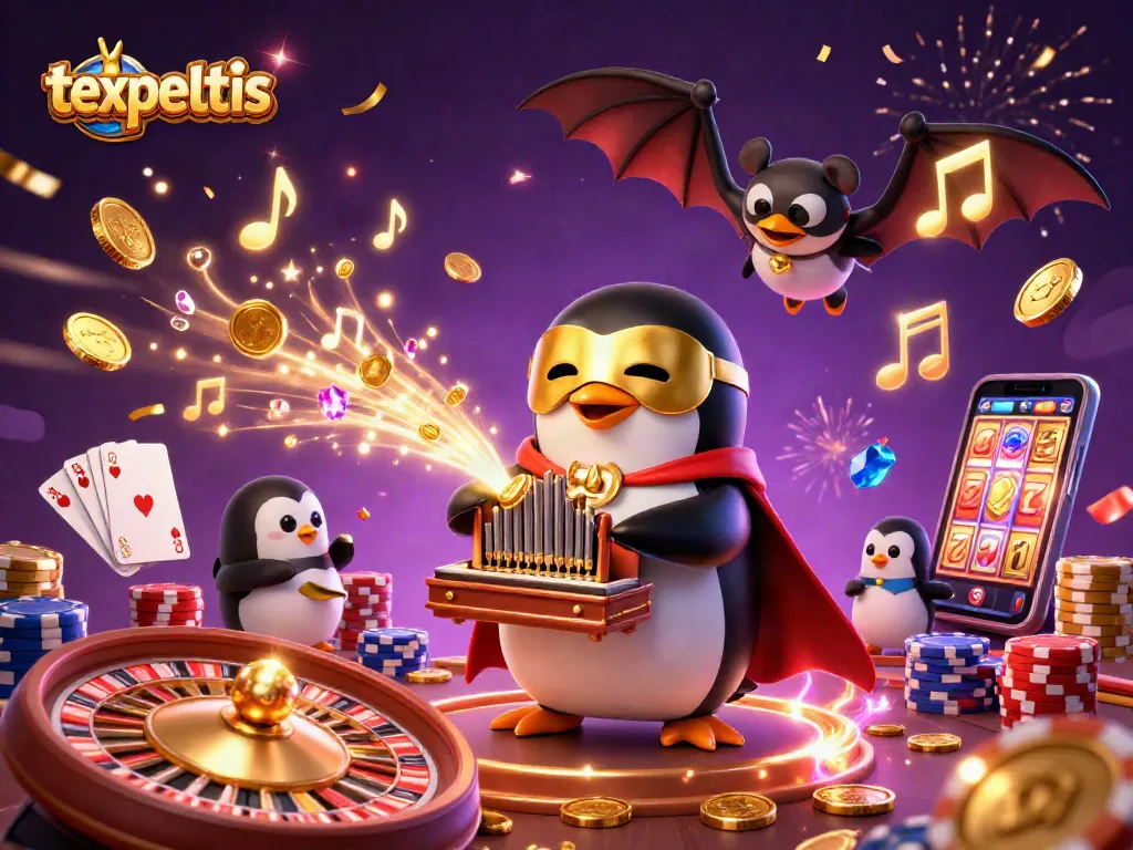 Engage with texpertis as the penguin plays an organ, coins cascading in a vibrant casino scene.