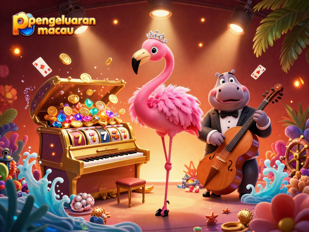 Mengungkap pengeluaran macau melalui ilustrasi detail 3D yang menggambarkan suasana kasino yang meriah dengan penyanyi flamingo dan elemen permainan.