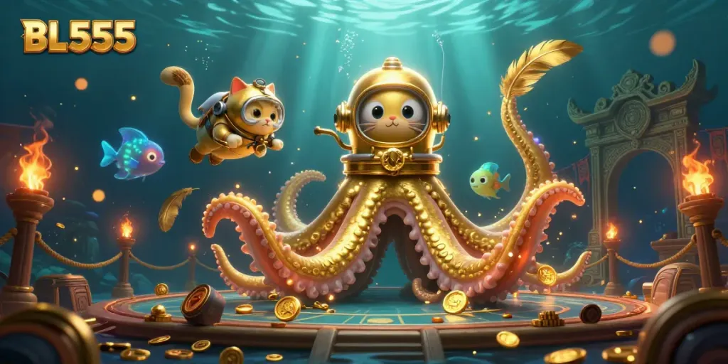 Engage in thrilling games at BL555 with an epic battle scene featuring a kraken and diving cat.