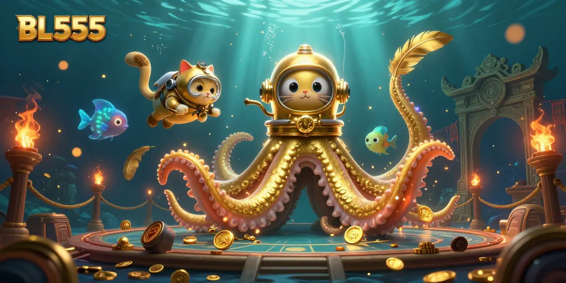 Engage in thrilling games at BL555 with an epic battle scene featuring a kraken and diving cat.