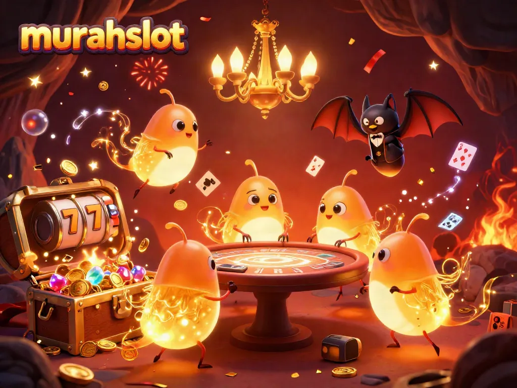 Experience the excitement of murahslot with glowing worm characters lighting up a casino scene.