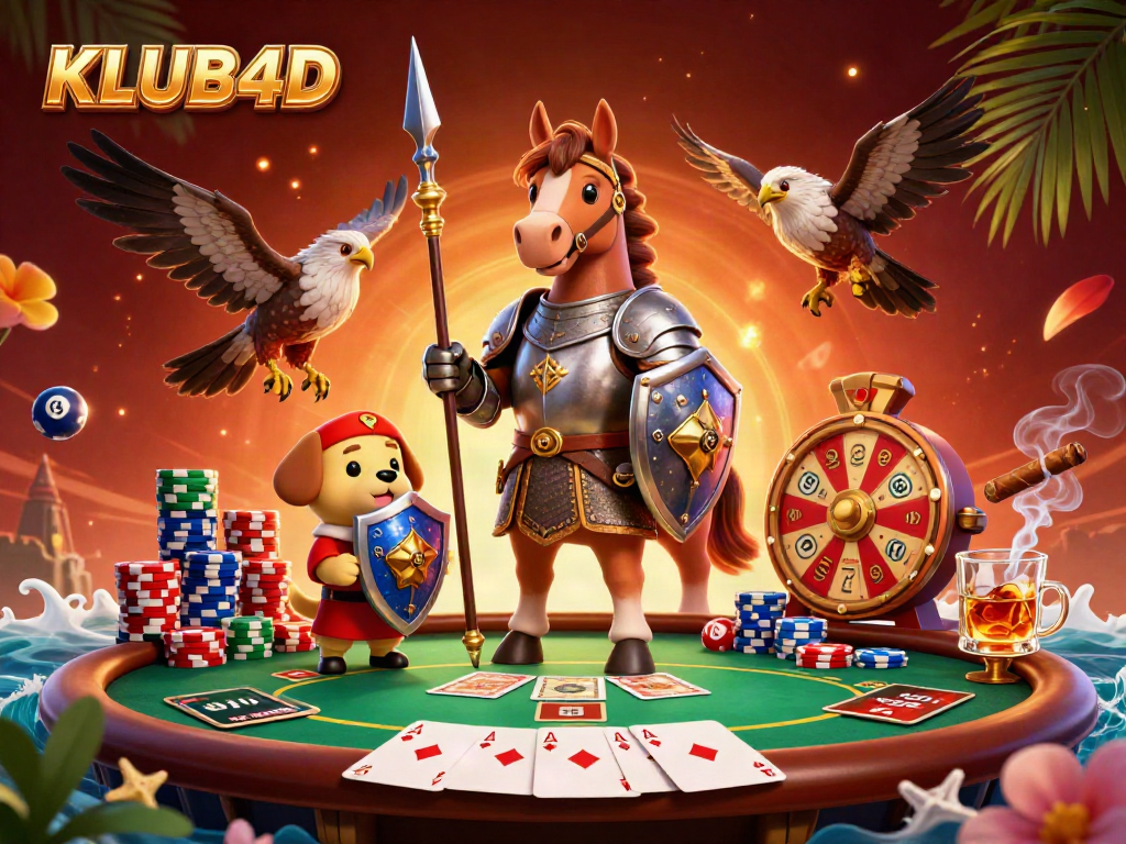 Memenangkan hadiah lotere KLUB4D dengan ilustrasi kasino yang meriah dan detail penuh warna.