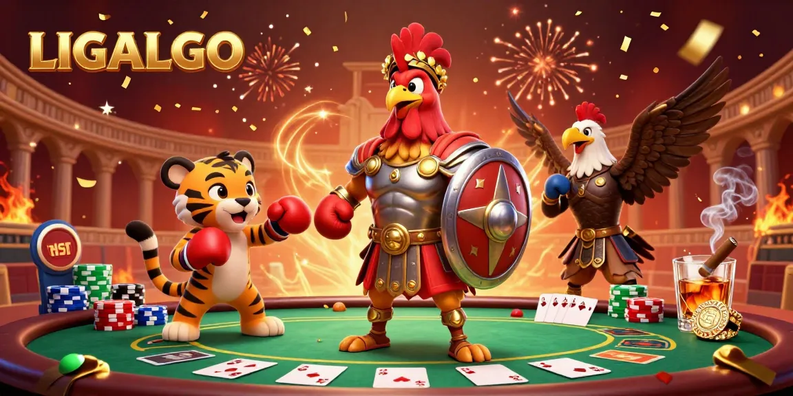 LIGALGO showcases a vibrant 3D casino scene featuring themed characters amidst poker elements.