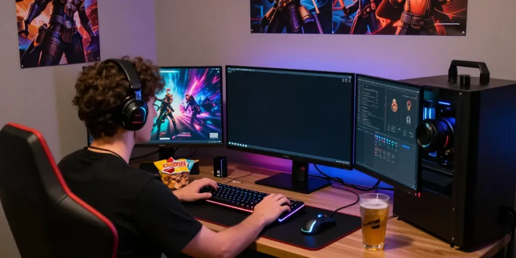 Permainan SNIPERSLOT online di ruangan gamer dengan suasana intens dan perangkat gaming lengkap.
