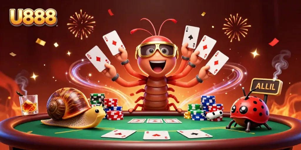 Engage with U888's vibrant casino experience featuring a 3D millipede dealer and exciting game elements.