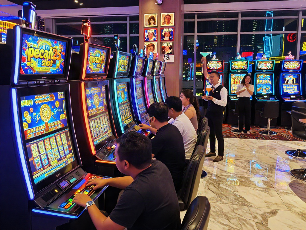 Pengalaman bermain "pecah25 slot" di mesin kasino dengan pemain yang bersemangat dan pencahayaan cerah.