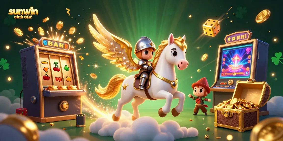 Experience the excitement with sunwin chính thức, featuring a celestial horse and knight among vibrant casino elements.