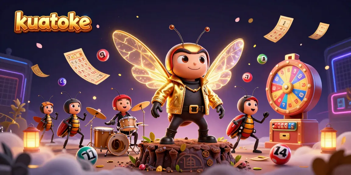 Kuatoke engages players with vibrant lottery balls and a lively cicada rock star in a dynamic online casino scene