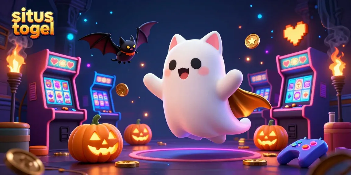 Situs togel themed illustration showcasing a ghost cat and bat in a lively casino atmosphere.