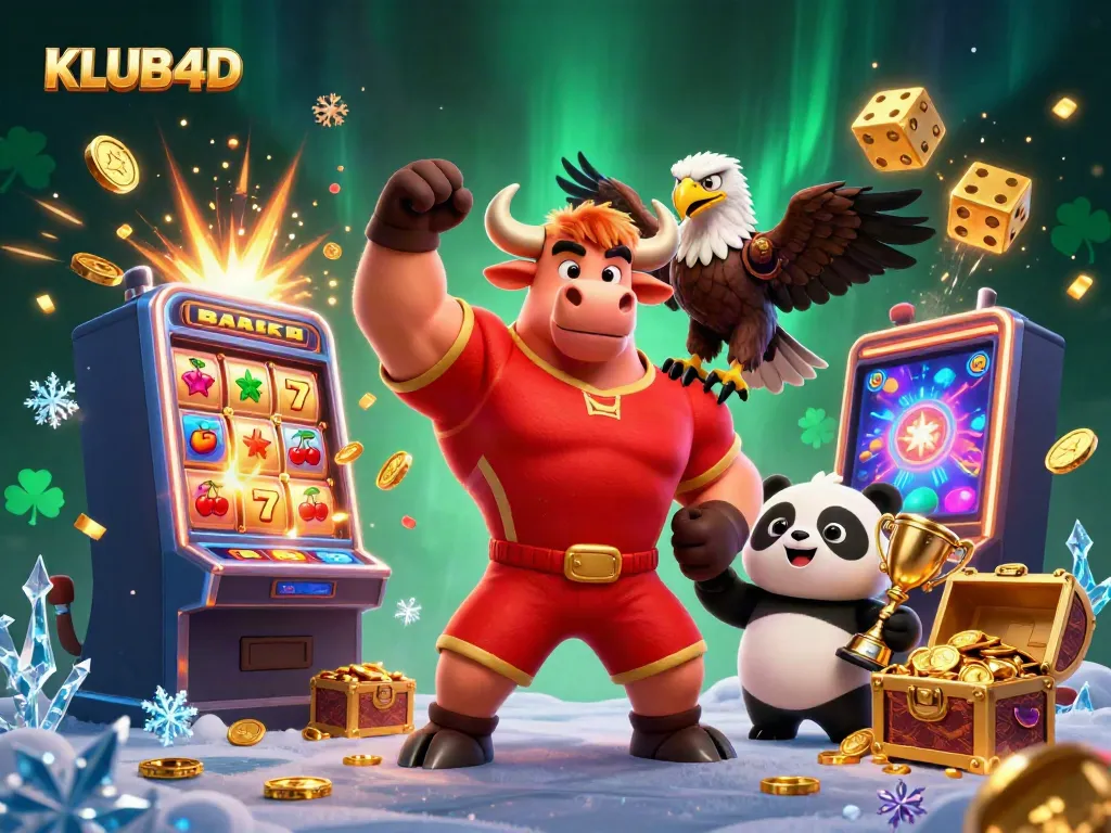 Menang besar dengan KLUB4D! Ilustrasi kasino online penuh keseruan dengan karakter kuda jantan.