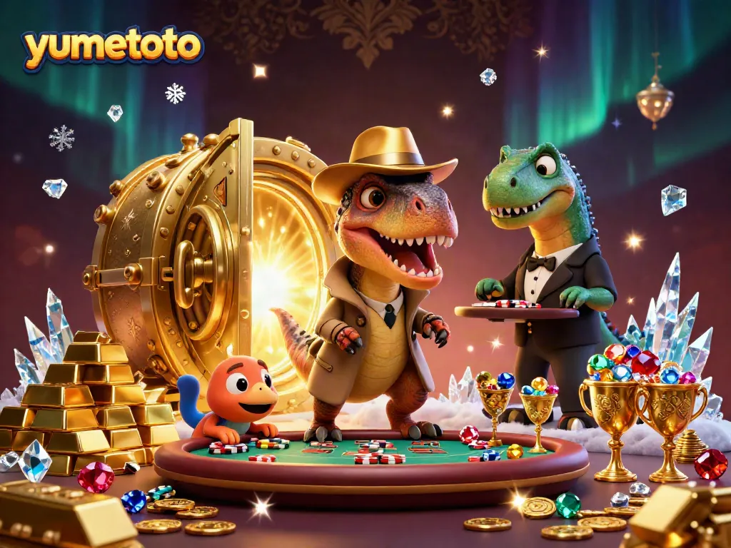 YUMETOTO features a velociraptor card counter at a blackjack table under a vault door overflowing with treasures.