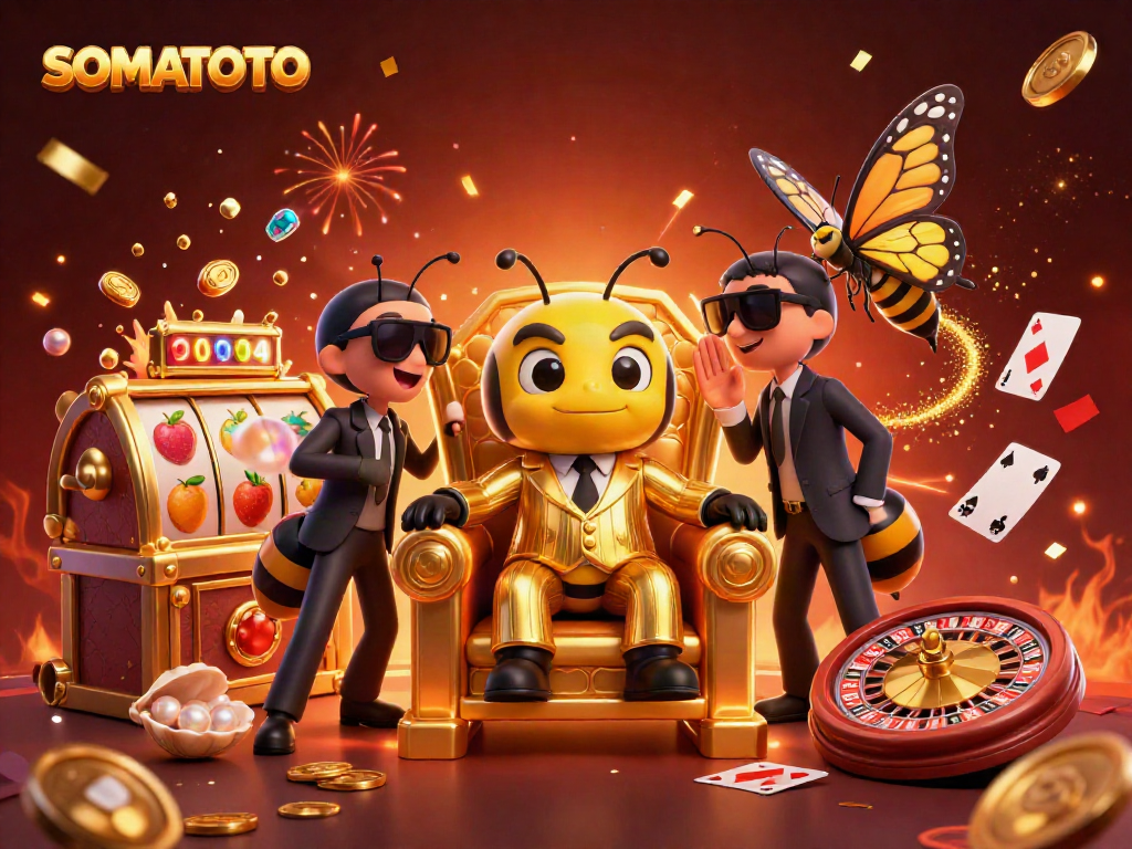 SOMATOTO showcases a bumblebee mob boss amidst dynamic casino elements, celebrating a jackpot.