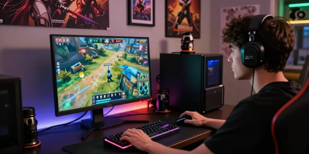 Pemain terfokus pada permainan sniperslot dengan perangkat gaming yang menarik.