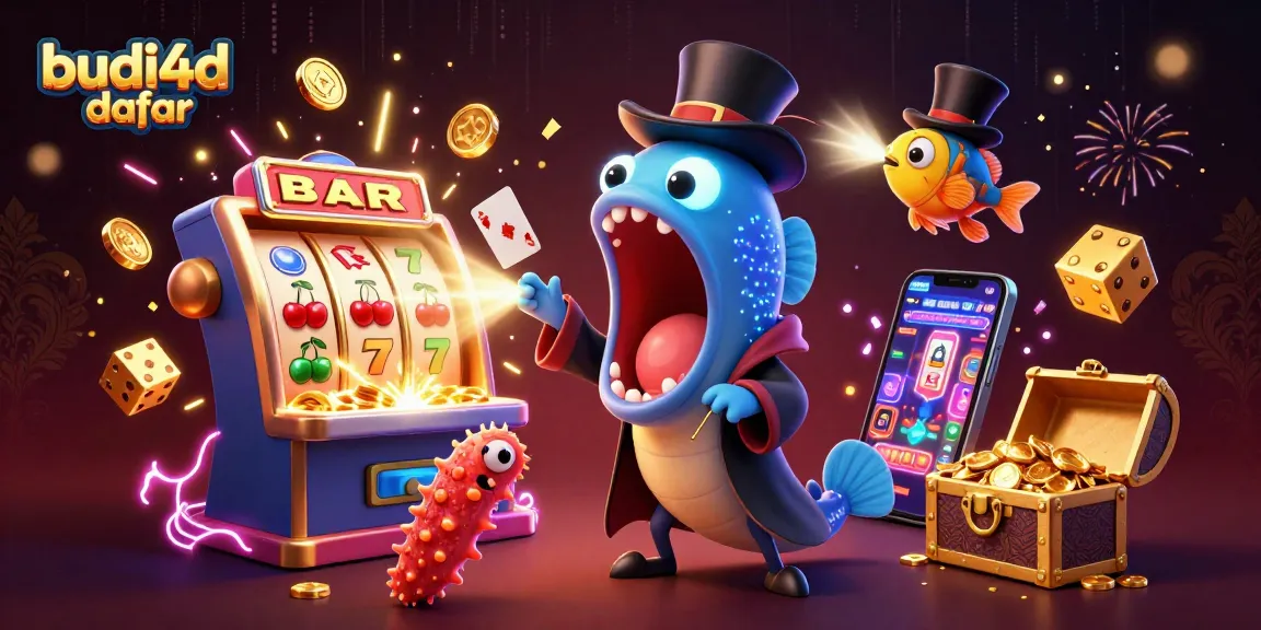 Experience thrilling wins with budi4d daftar while a gulper eel performs magical card tricks in this vibrant casino scene.