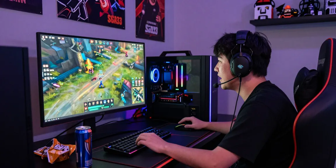 Exciting Sga33 gaming scene with player focused on vibrant visuals, RGB lighting, and gaming memorabilia.