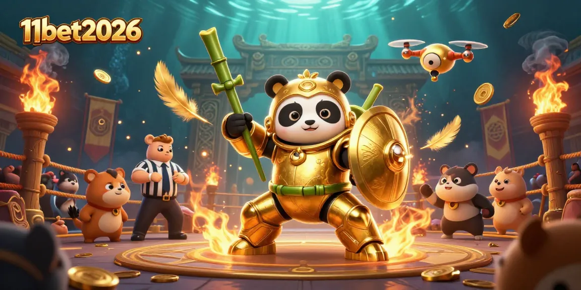 Engage in thrilling battles at 11bet2026, featuring a panda in a mech-suit battling in a vibrant arena.