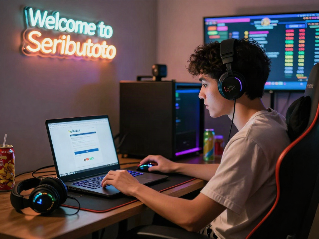 Engaging user interacting with Seributoto Login on a laptop in a vibrant gaming setup, creating a thrilling online gambling atmosphere.