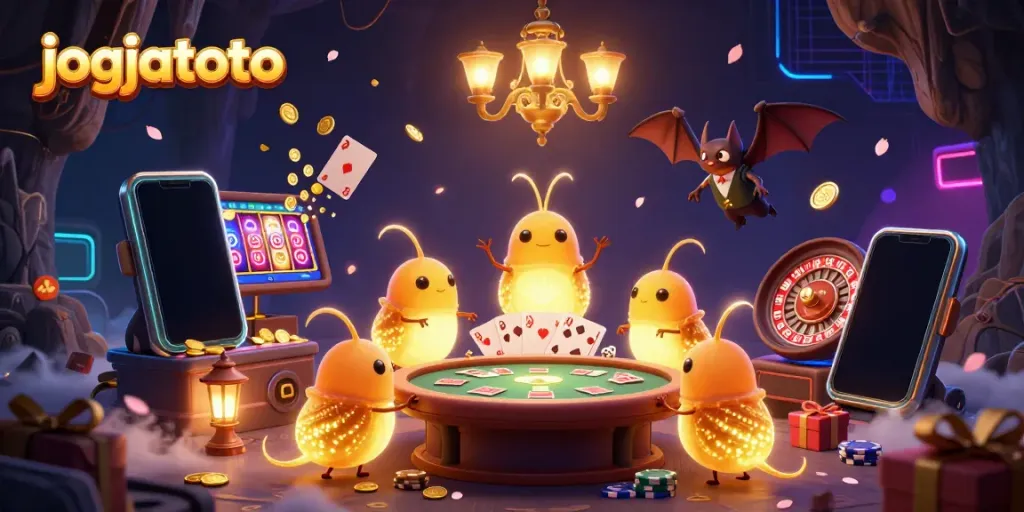 Experience the vibrant lighting of jogjatoto's cave casino with 3D glowworms illuminating thrilling gambling games.