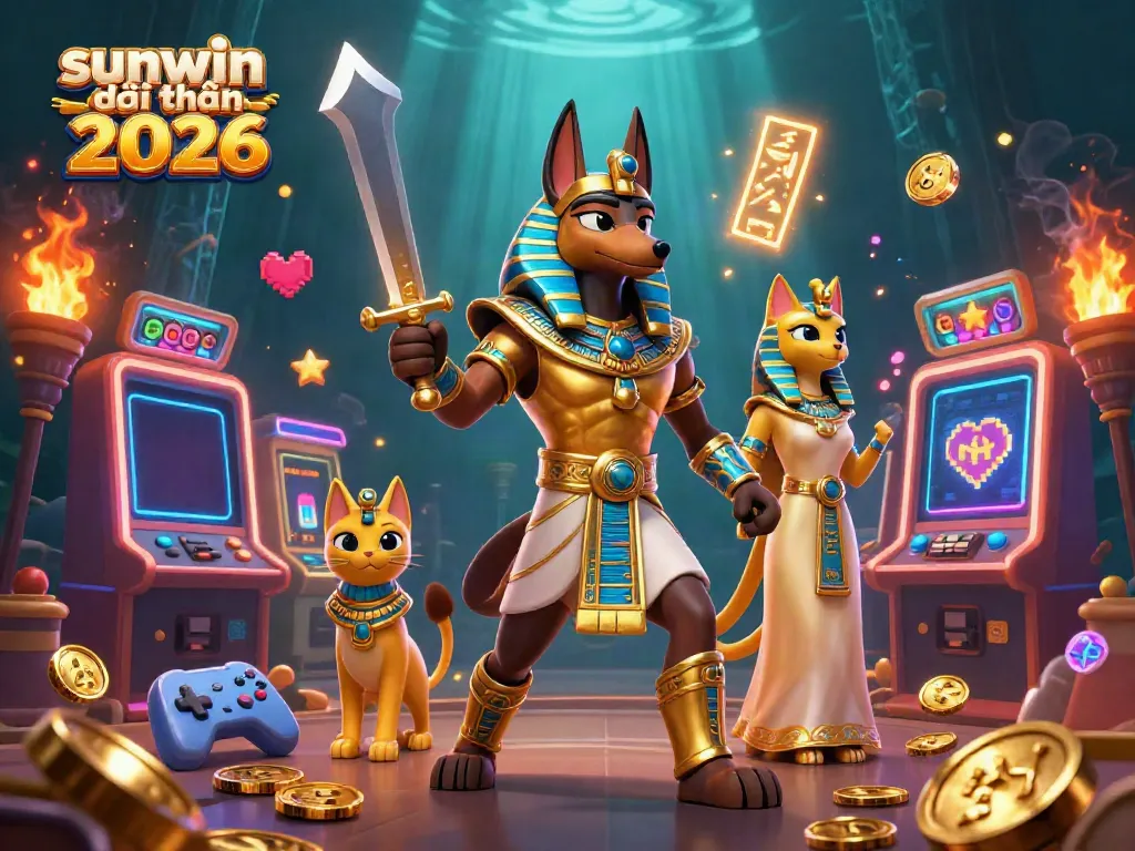Engage in thrilling gameplay with sunwin đổi thưởng 2026, featuring Anubis and Bastet in a vibrant casino scene.