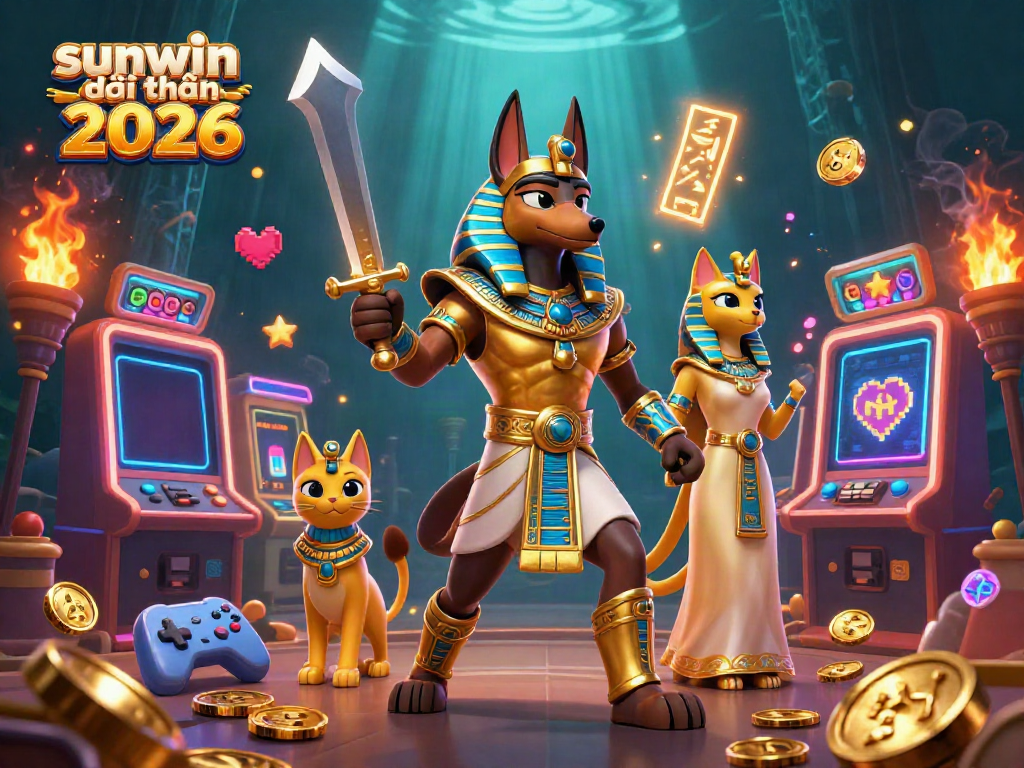 Engage in thrilling gameplay with sunwin đổi thưởng 2026, featuring Anubis and Bastet in a vibrant casino scene.