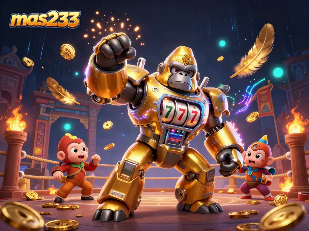 Mengalahkan kemenangan dengan mas233, gorila emas mekanik menyerang dengan koin dan simbol jackpot, siap untuk menang besar.