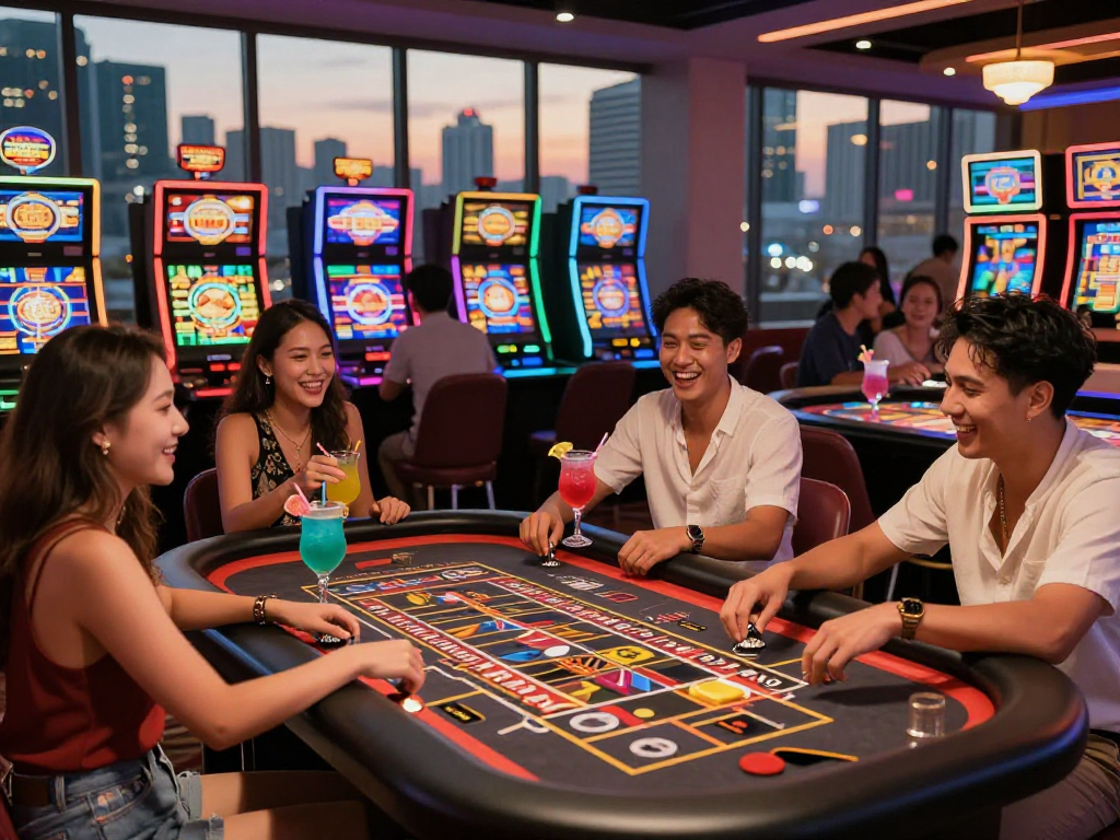 Pengunjung kasino merayakan kemenangan di slot thailand dengan suasana ceria.