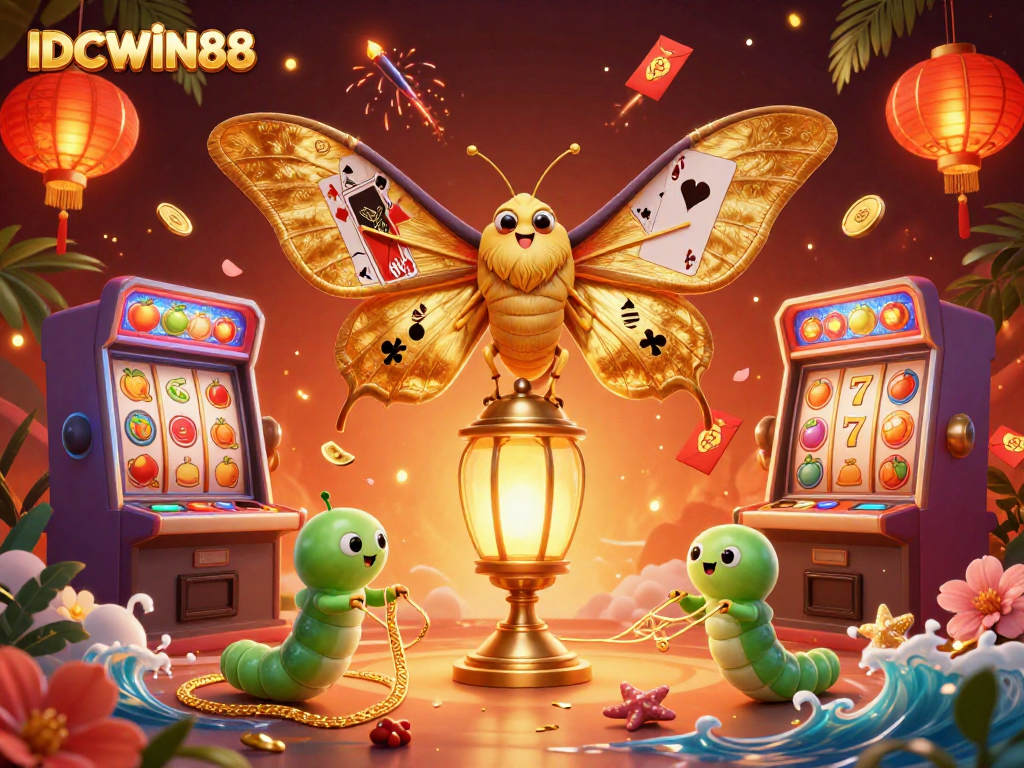 Bet on excitement with IDCWIN88's vibrant 3D casino world featuring golden slot machines and festive decorations.