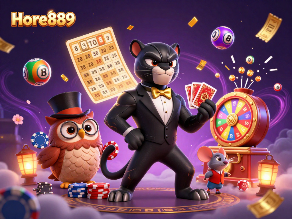 Experience the vibrant world of Hore889 with a stylish black panther dealer and lucky characters in poker action.