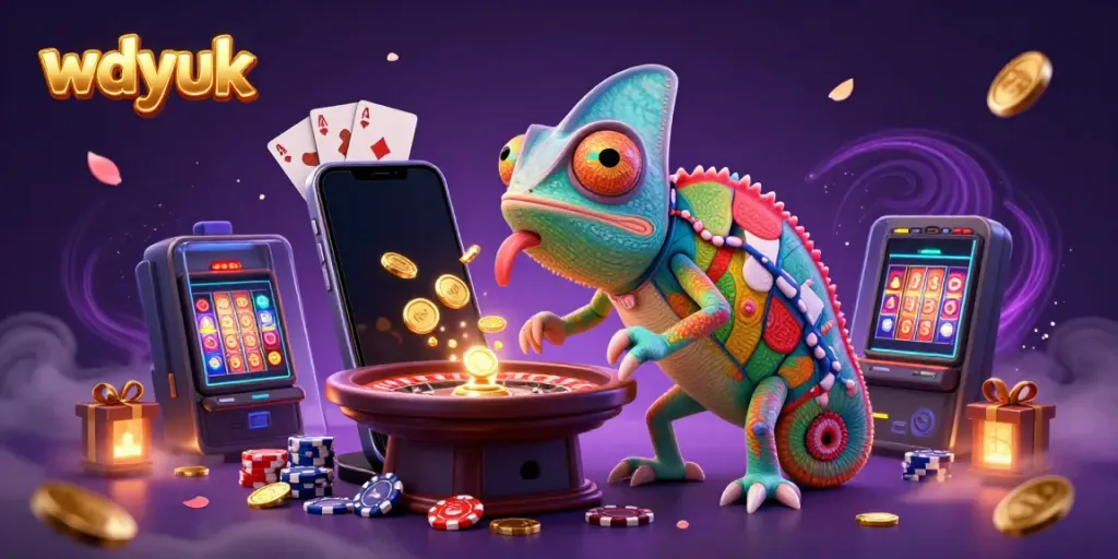 Wdyuk's vibrant 3D casino scene showcasing a chameleon owner amid colorful gaming elements, creating a festive atmosphere.