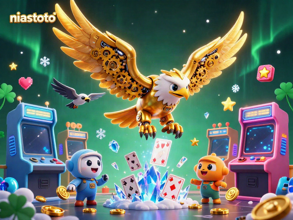 Experience thrilling gameplay with niastoto, featuring a vibrant cybernetic eagle amidst holographic cards.