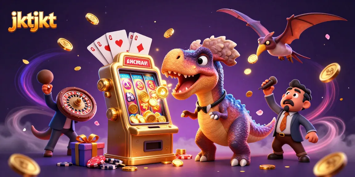 JKTJKT menghadirkan 3D kartun pachycephalosaurus yang menghantam mesin slot untuk mendapatkan jackpot koin.