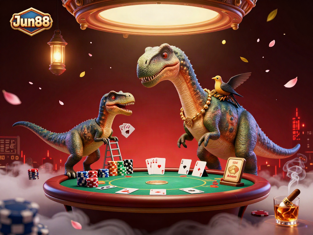 Experience Jun88 with a playful brontosaurus in a vibrant 3D casino setting, dealing cards and surrounded by poker elements.