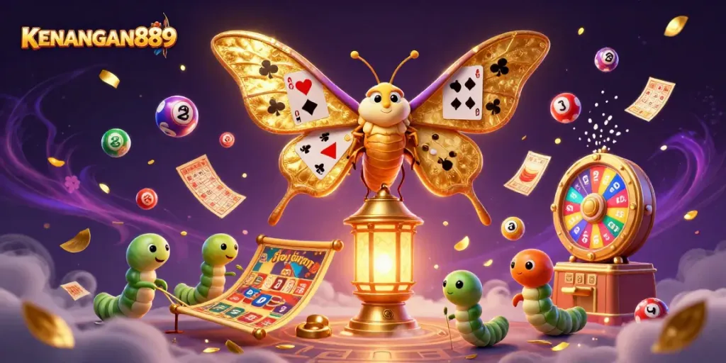 Engage with KENANGAN889 through vibrant casino scenes featuring lottery balls and a majestic moth.