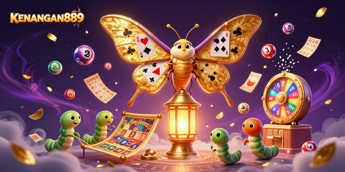 Engage with KENANGAN889 through vibrant casino scenes featuring lottery balls and a majestic moth.