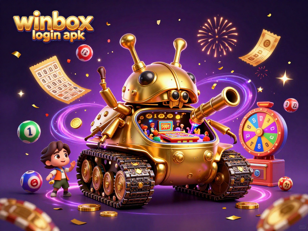 Experience winbox login apk with a dynamic 3D illustration of a casino tank and colorful games.