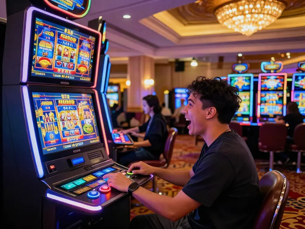 Exciting casino scene showcasing a player at a slot gacor machine with vibrant slot themes and high-energy atmosphere.