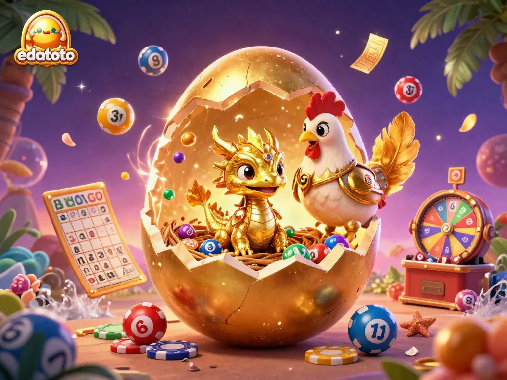 Watch edatoto's animated 3D illustration of a golden baby dragon atop poker chips amidst colorful lottery elements.