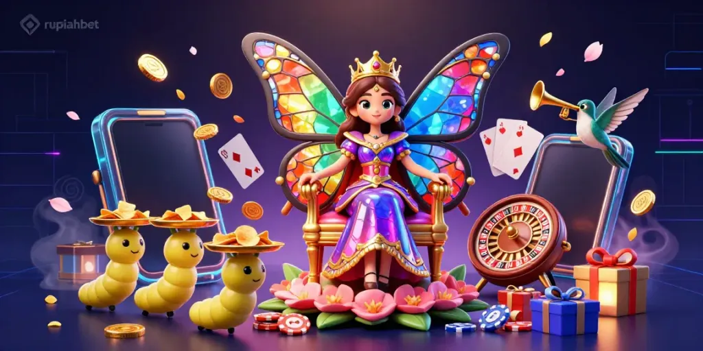 Experience the excitement of rupiahbet with a vibrant casino-themed scene featuring a butterfly queen amidst dynamic gaming elements.