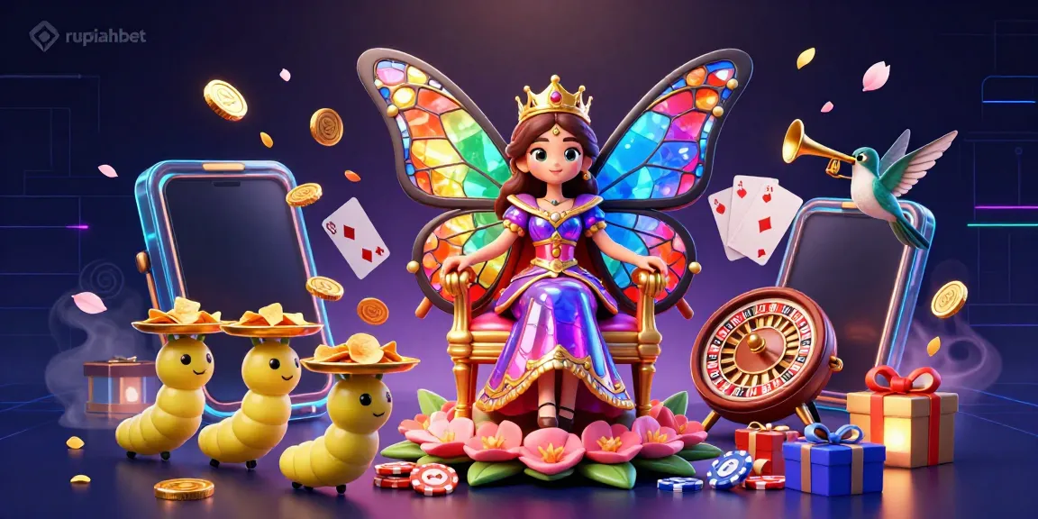 Experience the excitement of rupiahbet with a vibrant casino-themed scene featuring a butterfly queen amidst dynamic gaming elements.