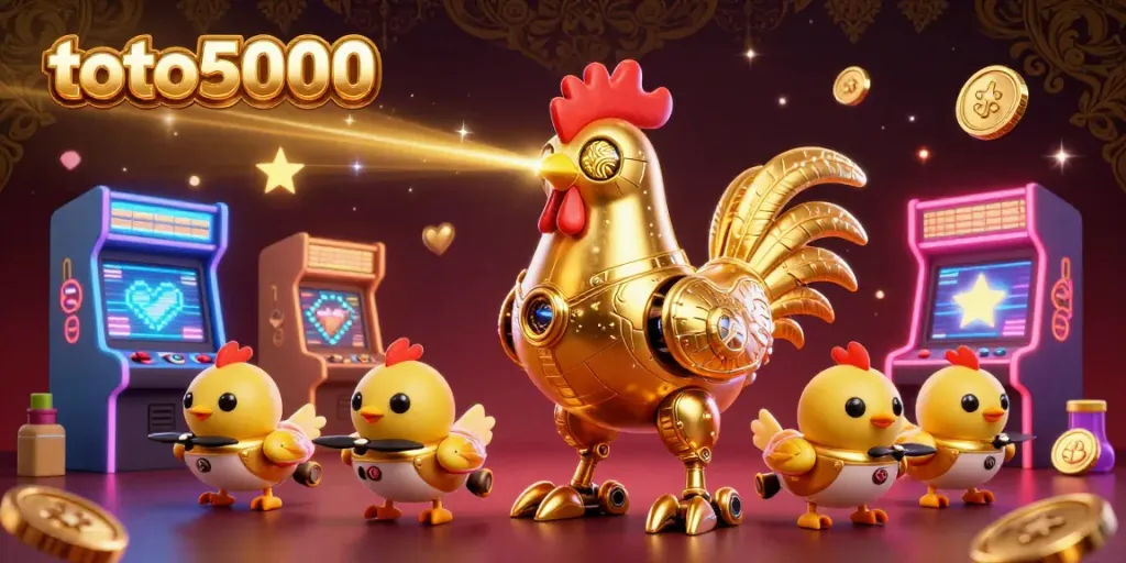 Toto5000 engages players with a vivid 3D illustration of a golden rooster robot amidst gaming elements.