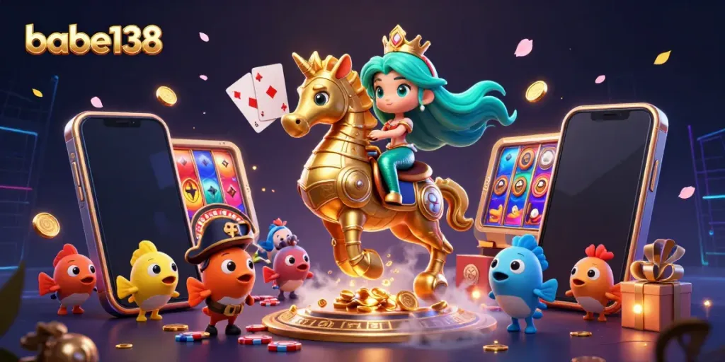 Berikut mermaid 3D dengan kebahagiaan bermain slot di babe138 sementara uang koin emas meluncur di layar.