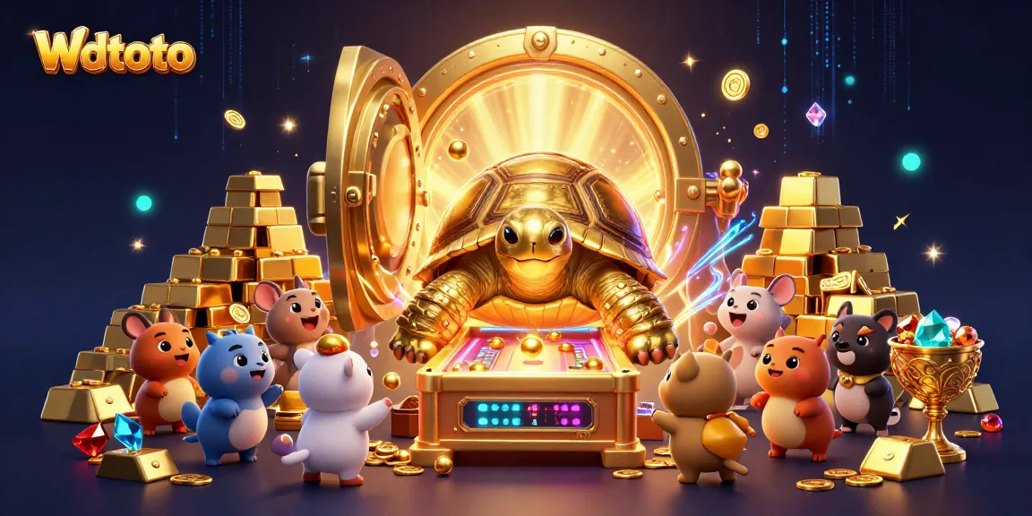 Rasakan keseruan bermain di Wdtoto dengan karakter kura-kura emas dalam ilustrasi casino 3D yang berkilau.