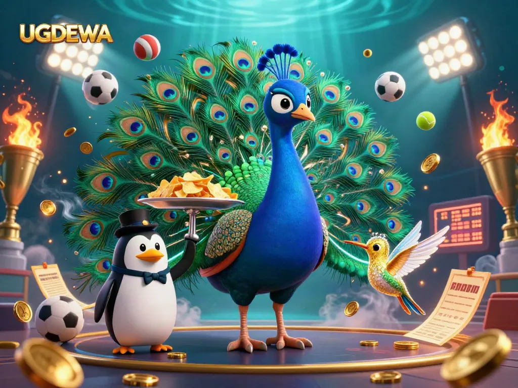 Engage with UGDEWA as the aristocratic peacock and butler penguin serve golden chips in a vibrant casino scene.