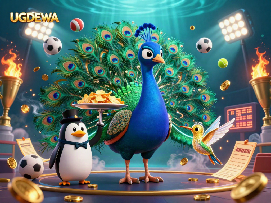 Engage with UGDEWA as the aristocratic peacock and butler penguin serve golden chips in a vibrant casino scene.