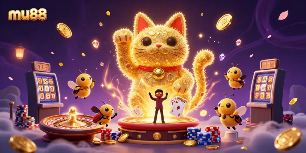 Experience the thrill of mu88 with a vibrant 3D scene showcasing a lucky cat made of fireflies amidst casino symbols.