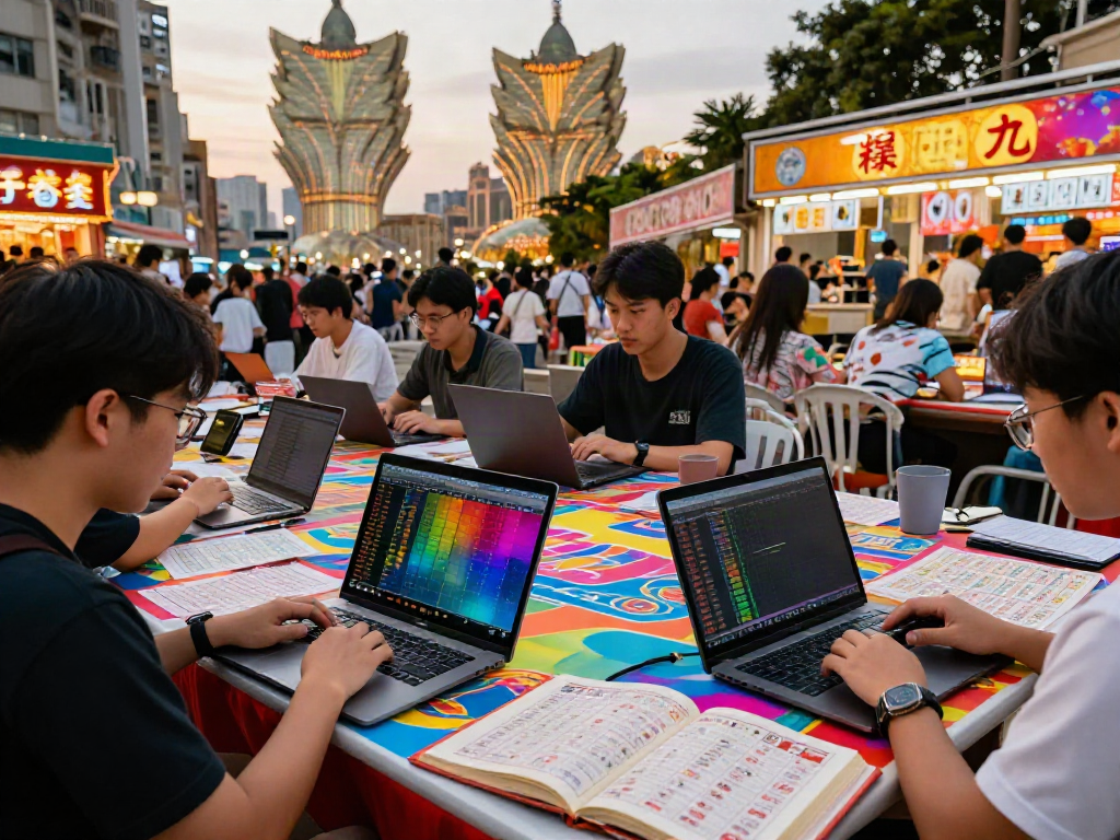 Exciting Togel gaming scene with diverse players analyzing data at Rajabandoot in Macau.