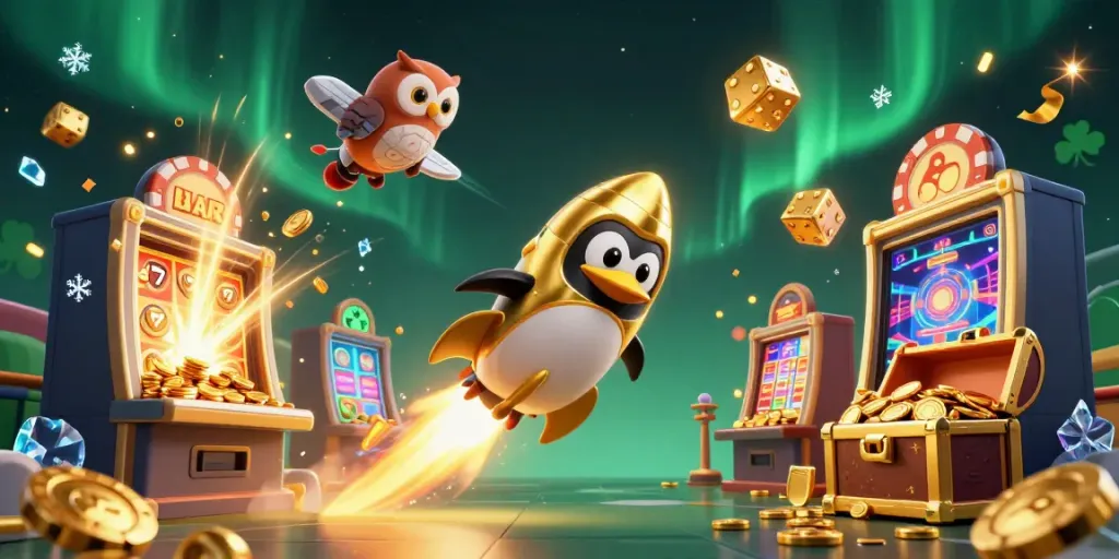 Experience the thrill of BERLINTOTO with a dynamic illustration of a rocket-powered penguin and casino elements.