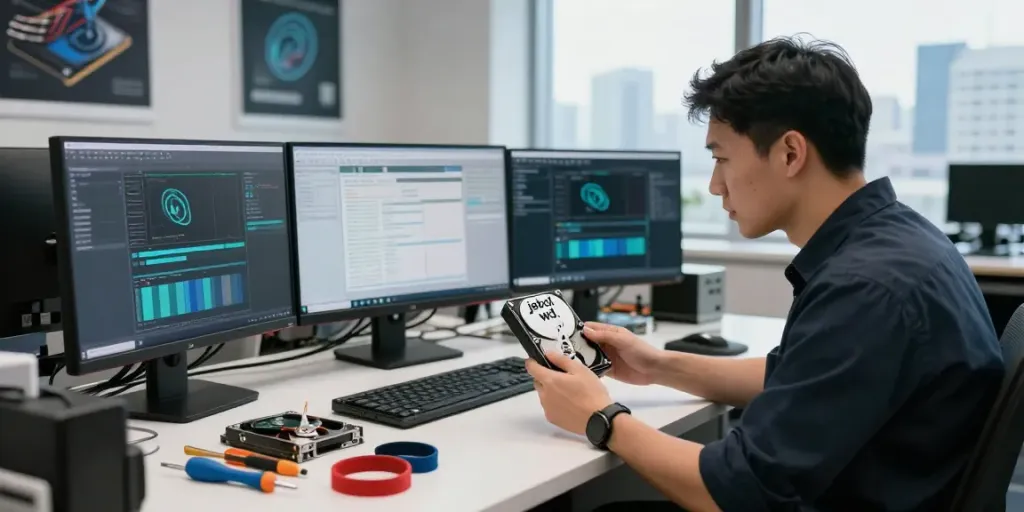 Data recovery specialist repairing a jebol wd hard drive in a modern tech office.
