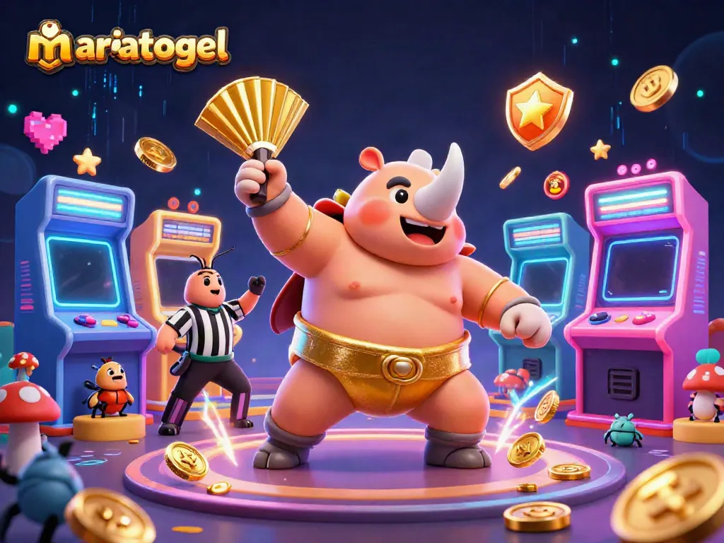 Engaging scene showcasing mariatogel with a beetle champion and casino elements in a colorful arcade.
