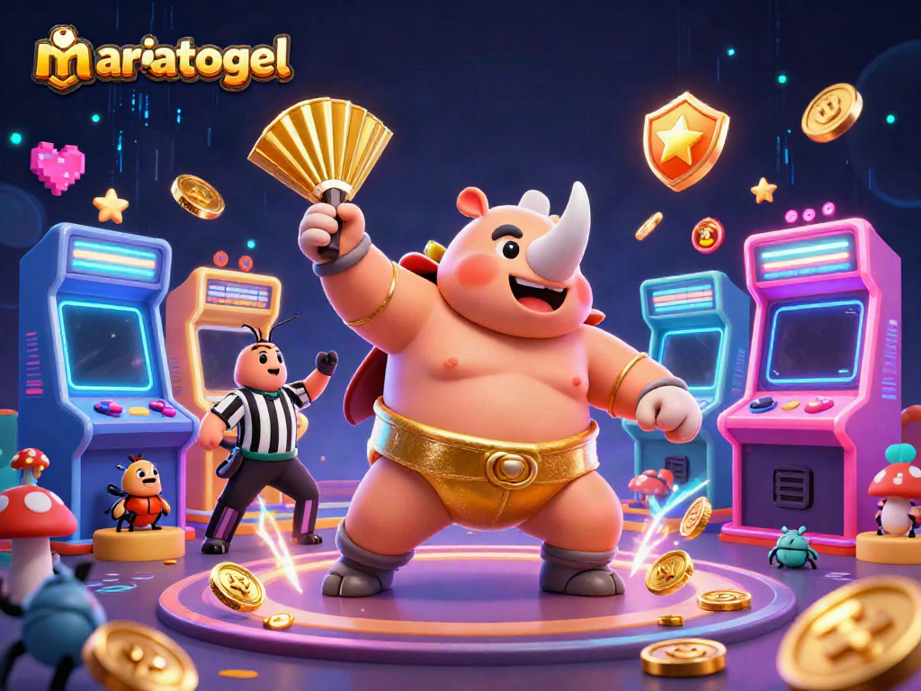 Engaging scene showcasing mariatogel with a beetle champion and casino elements in a colorful arcade.